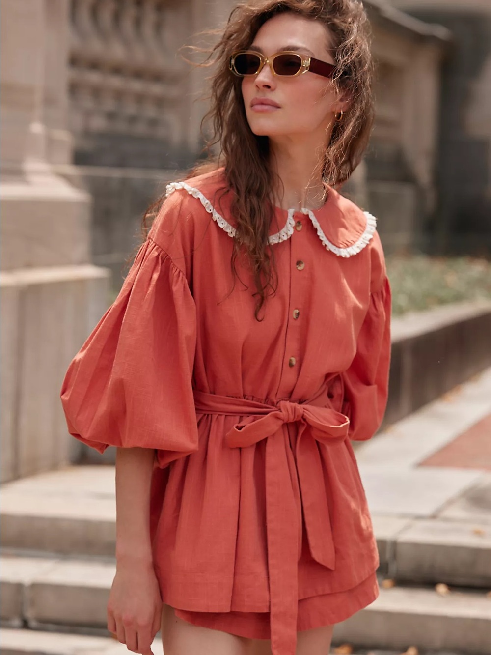 Free People Rust Orange Puff Sleeve Button-Front Blouse with Lace Collar